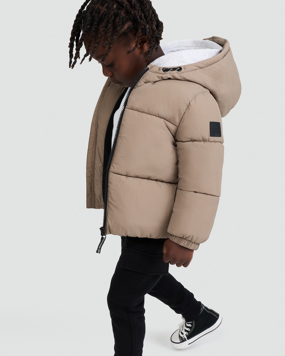 image 1 of F&F Boys Zip Through Hooded Puffer Jacket in Stone