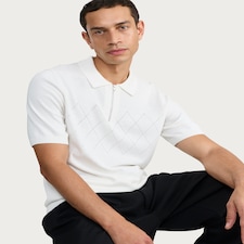 F&F Cotton Rich Argyle Knit Polo Shirt in Cream