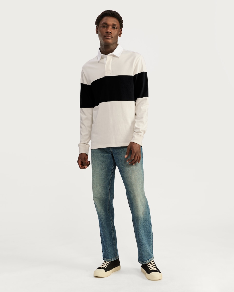 image 1 of F&F Pure Cotton Striped Long Sleeved Rugby Shirt in Cream