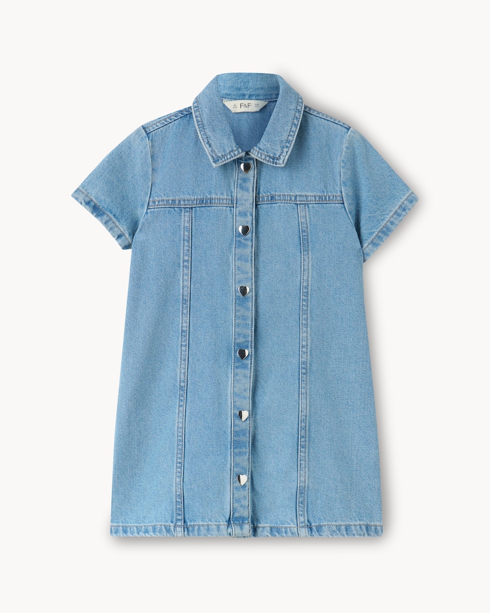 image 1 of F&F Girls Pure Cotton Denim Shirt Dress in Blue