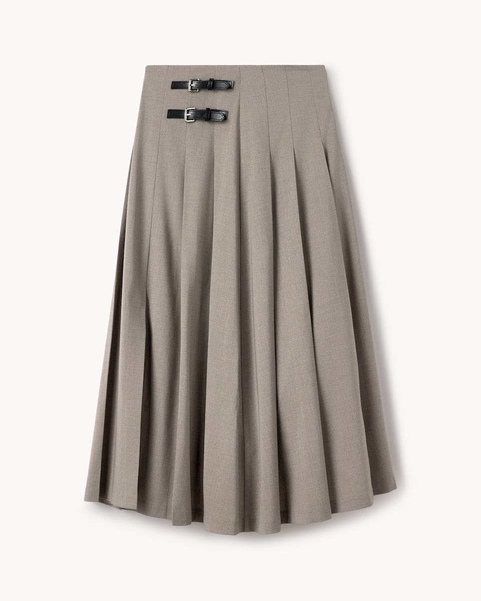 image 1 of F&F Pleated Buckle Midi Skirt in Grey