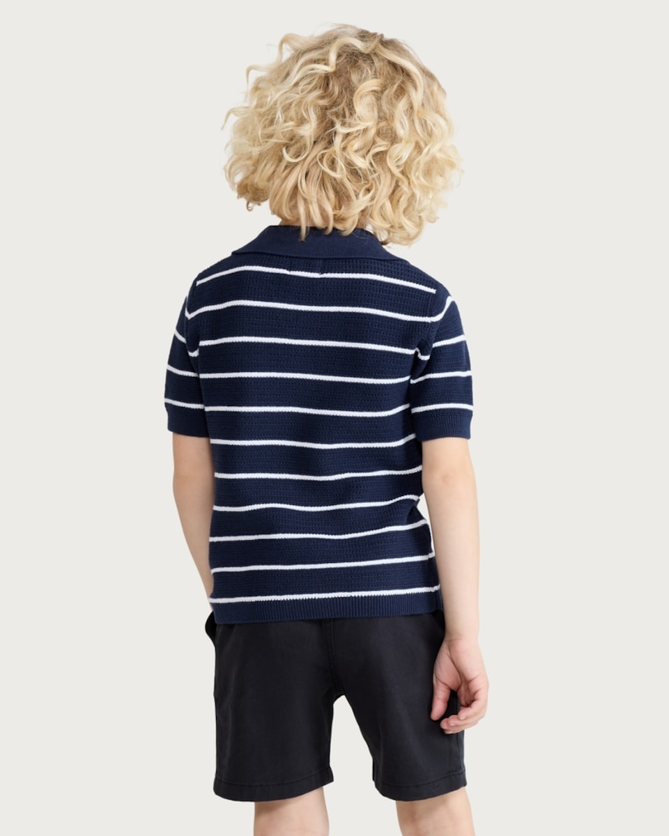 image 1 of F&F Boys Pure Cotton Knitted Striped Polo Shirt in Navy