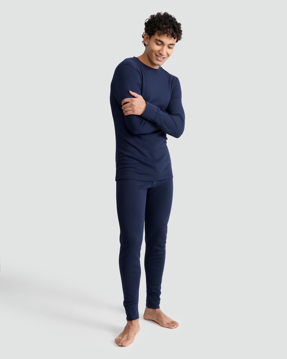image 1 of F&F Cotton Blend Ribbed Long Sleeved Thermal Top in Navy