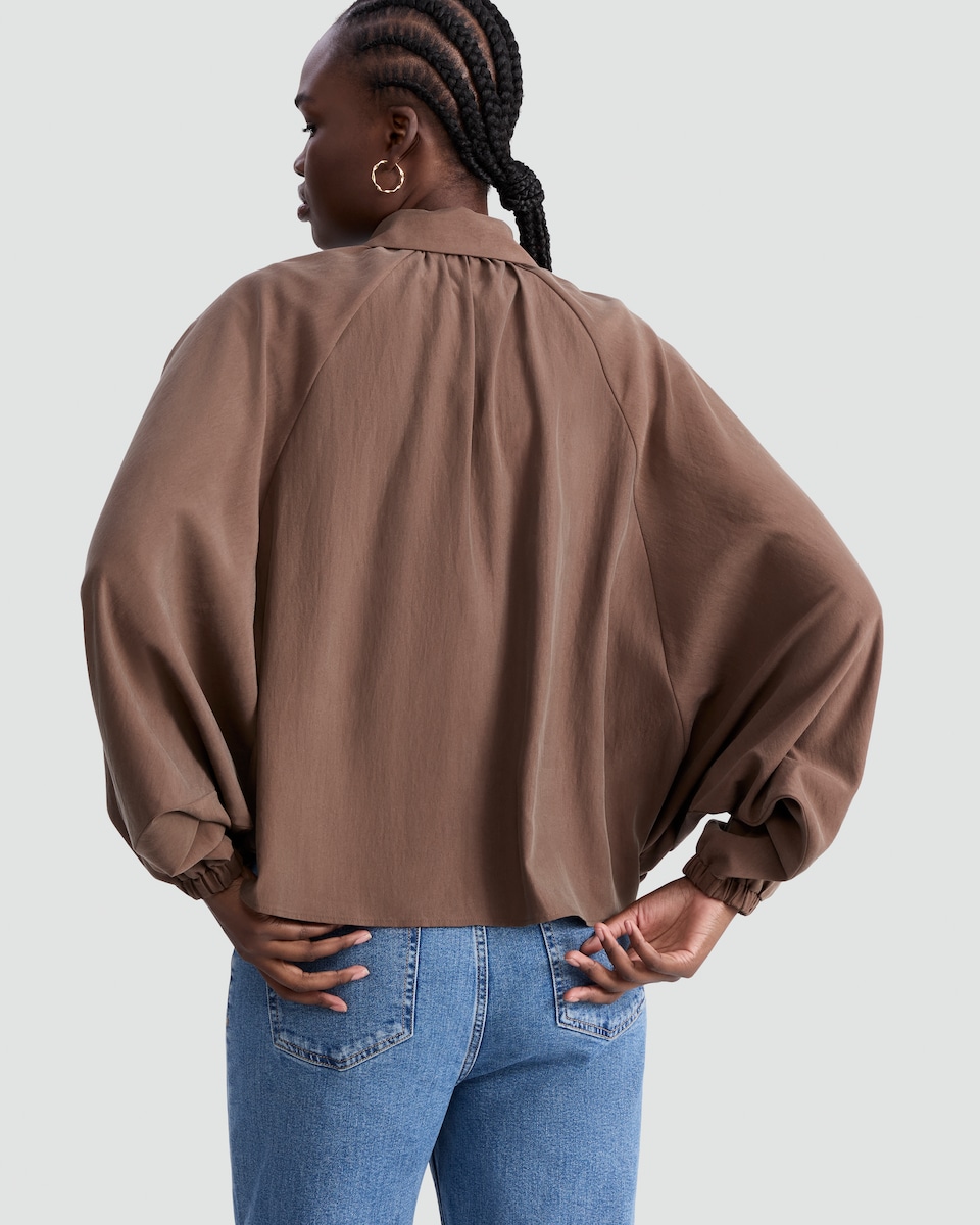 image 1 of F&F Bubble Hem Zip Up Blouse in Brown