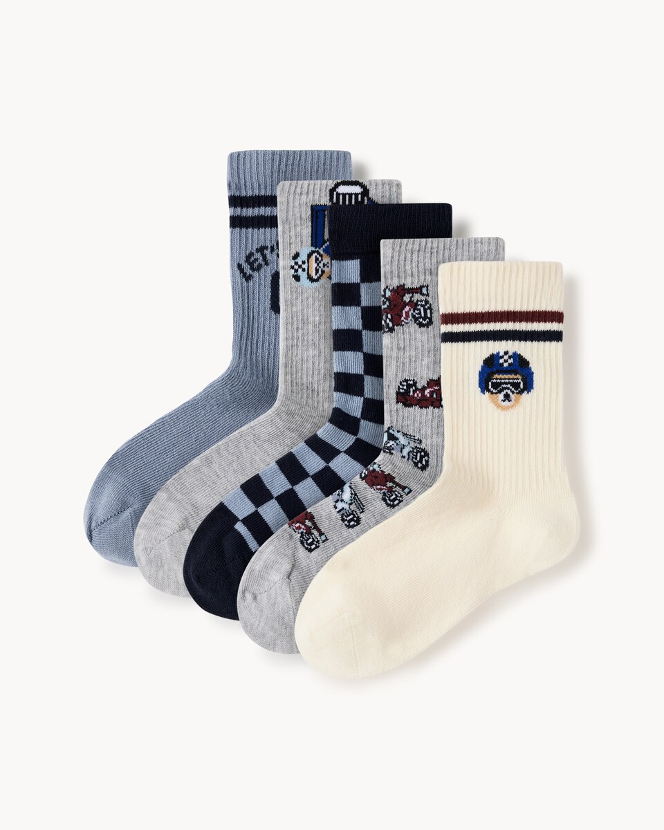F&F Boys 5-Pack Cotton Rich Racing Ankle Socks in Multi