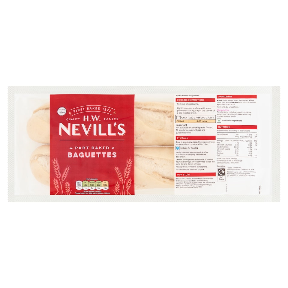 H.W. Nevill's Part Baked White Baguette 2 Pack