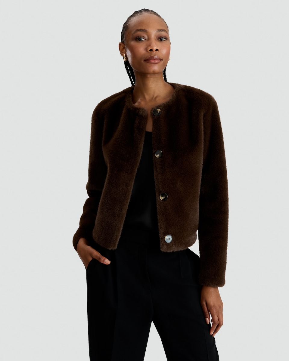 image 1 of F&F Faux Fur Cropped Buttoned Jacket in Brown