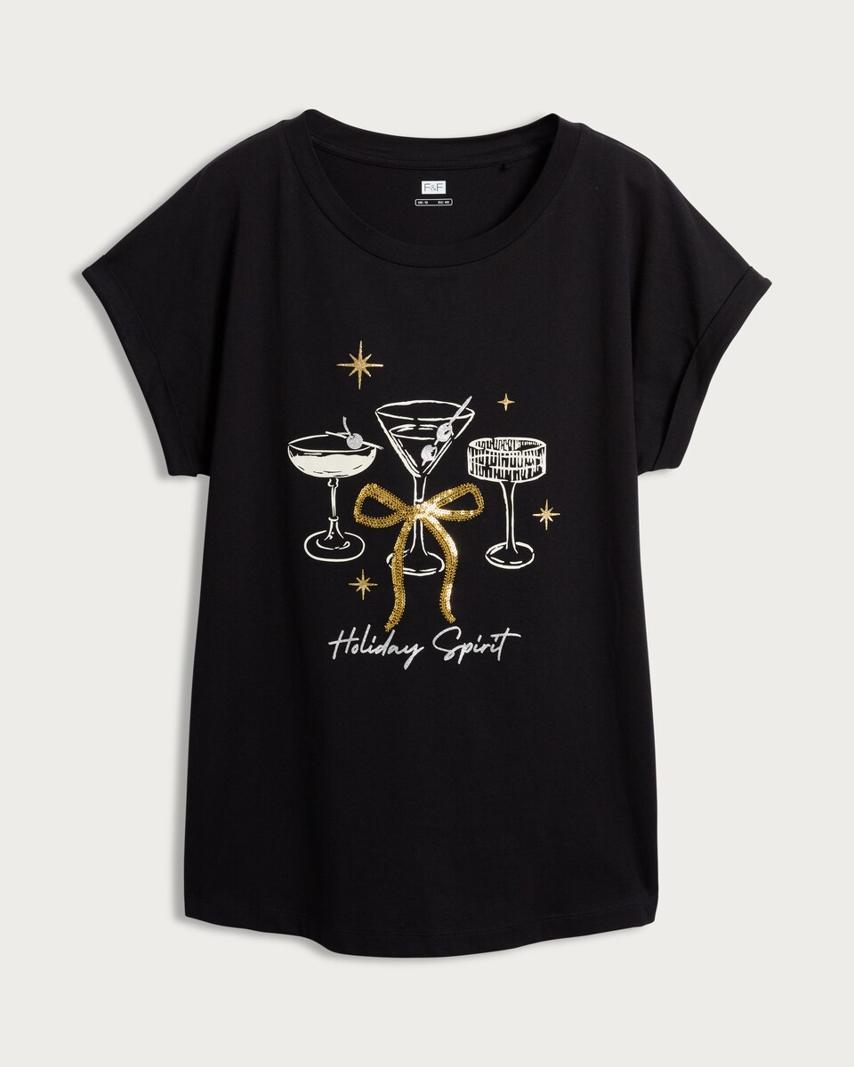 image 1 of F&F Pure Cotton Holiday Spirit Cocktail Print T-Shirt in Black