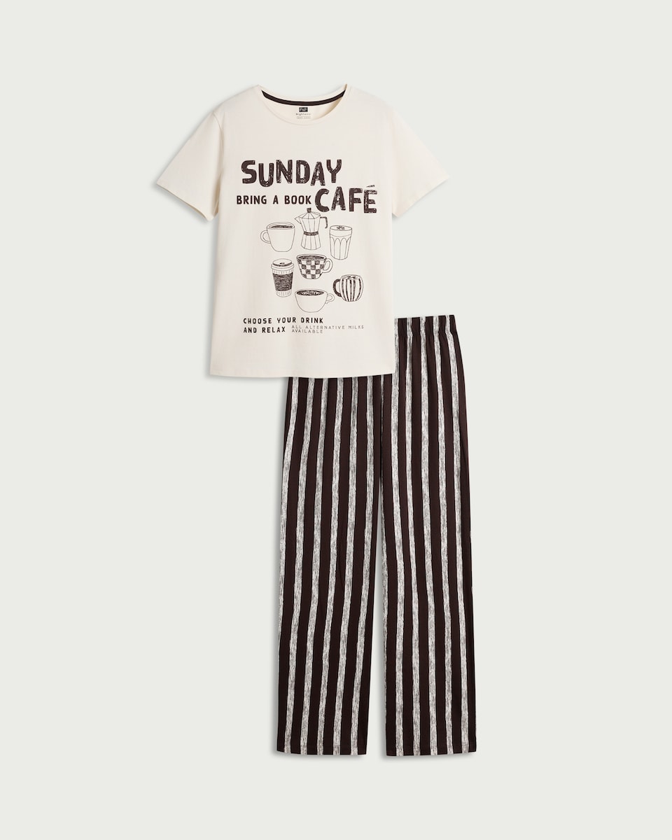 image 1 of F&F Pure Cotton Café Print Pyjama Set in Cream
