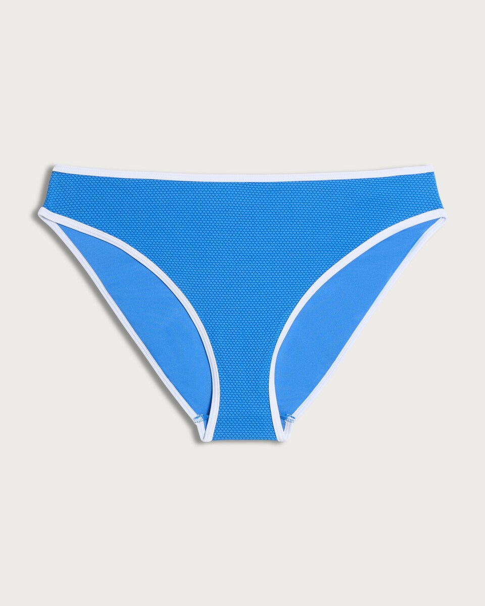 image 1 of F&F Textured Contrast Trim High Leg Bikini Bottoms in Blue