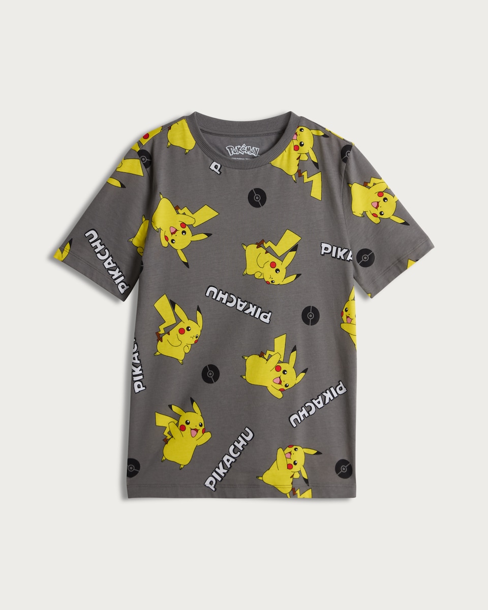 image 1 of Pokémon Pikachu Print Pure Cotton Short Sleeved T-Shirt in Grey