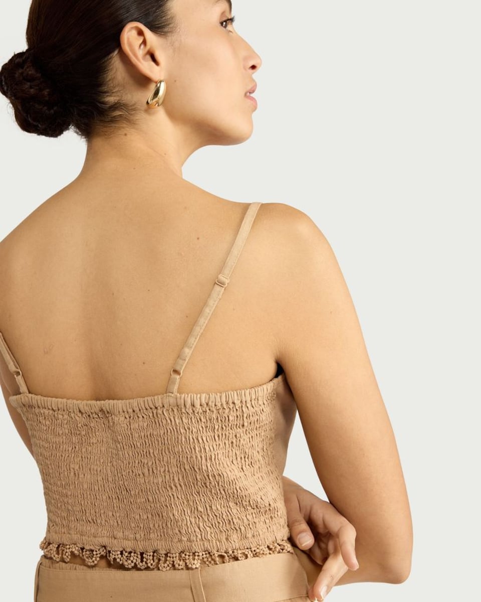 image 1 of The F&F Edit Cotton Rich Embroidered Cropped Co-ord Top in Camel