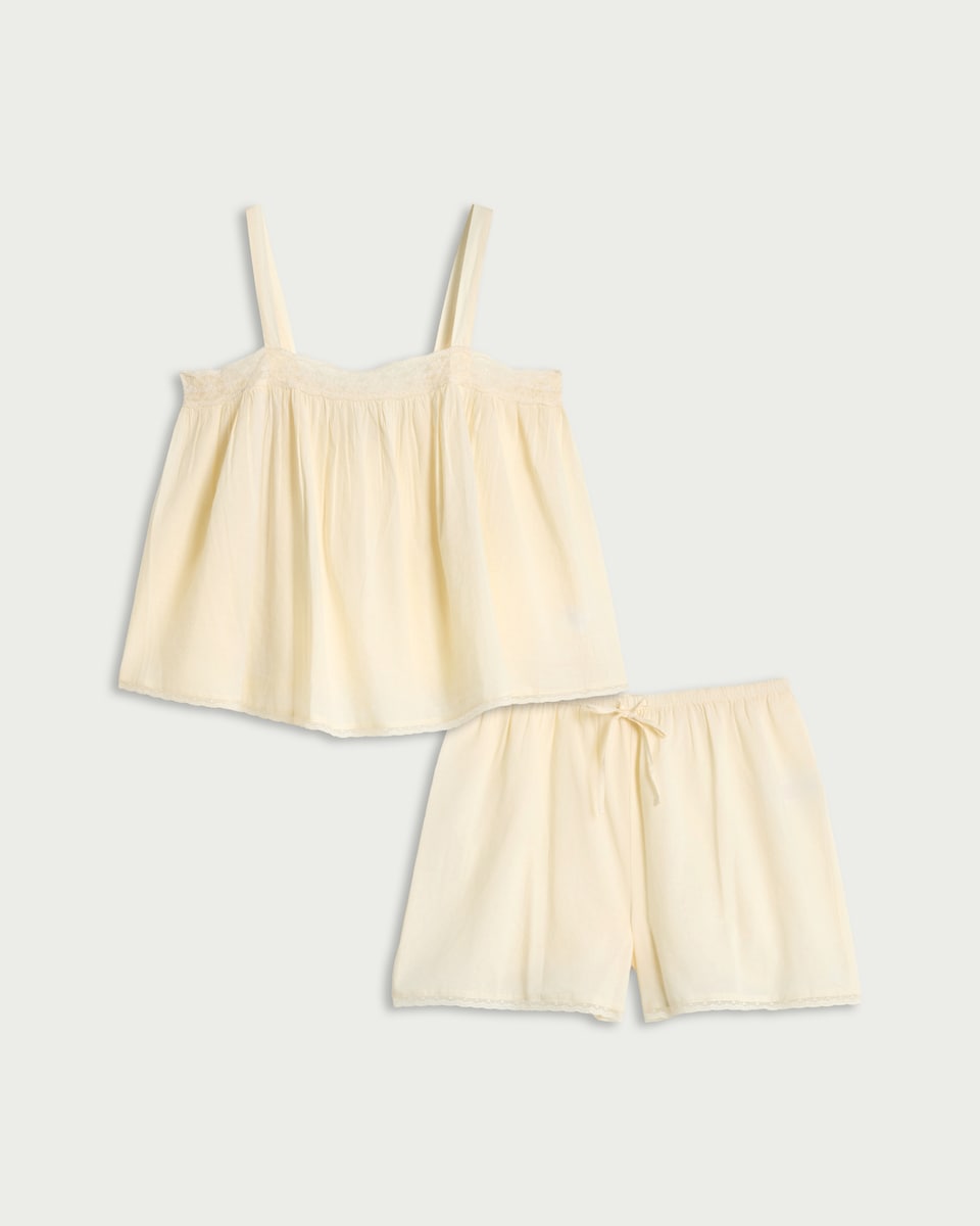 image 1 of F&F Pure Cotton Lace Trim Pyjama Set in Cream
