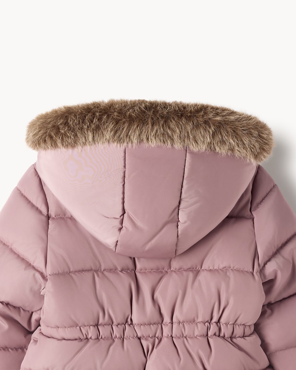 image 1 of F&F Girls Faux Fur Trim Hooded Padded Coat in Pink