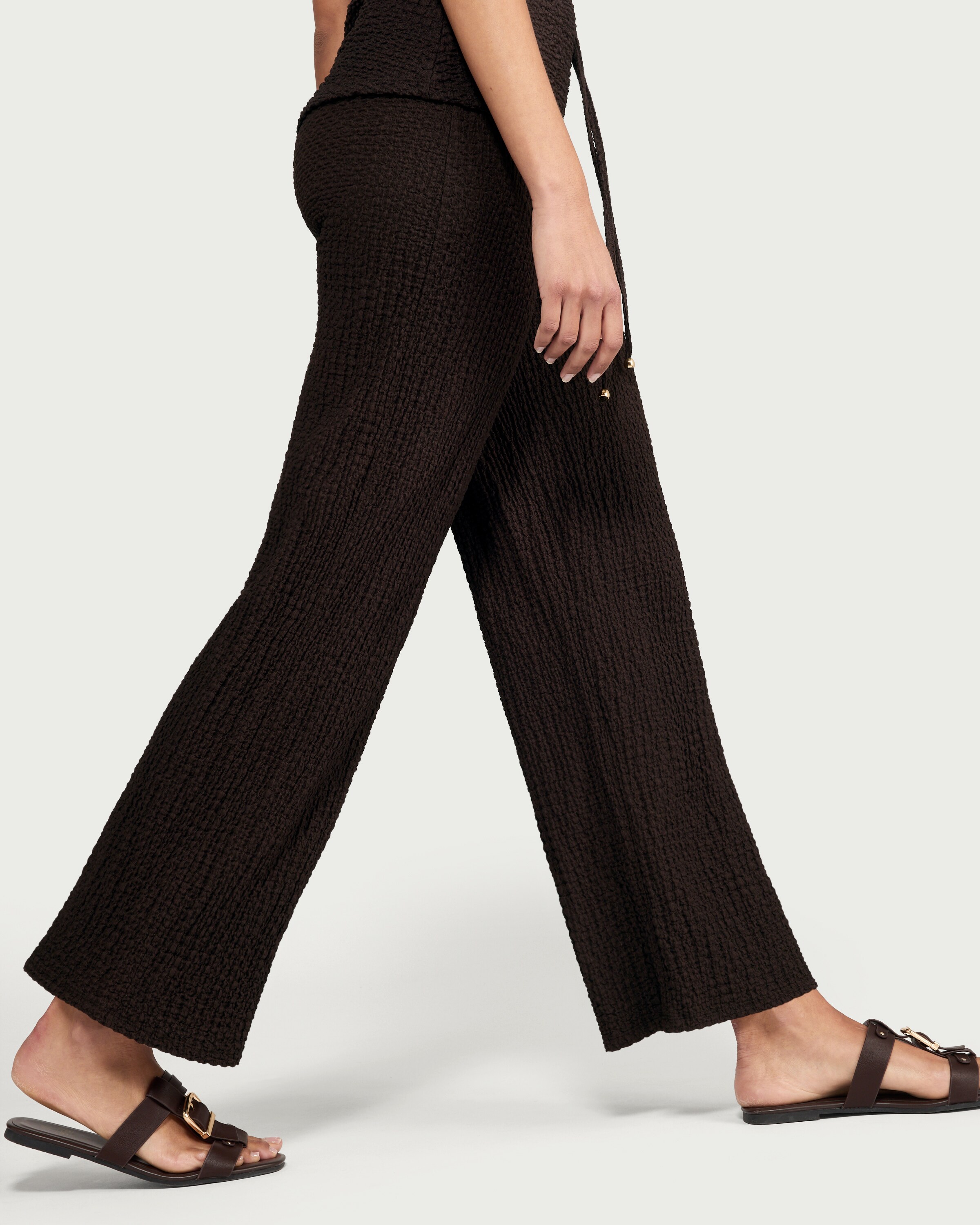 F&F Crinkle Textured Wide Leg Co-ord Trousers in Chocolate