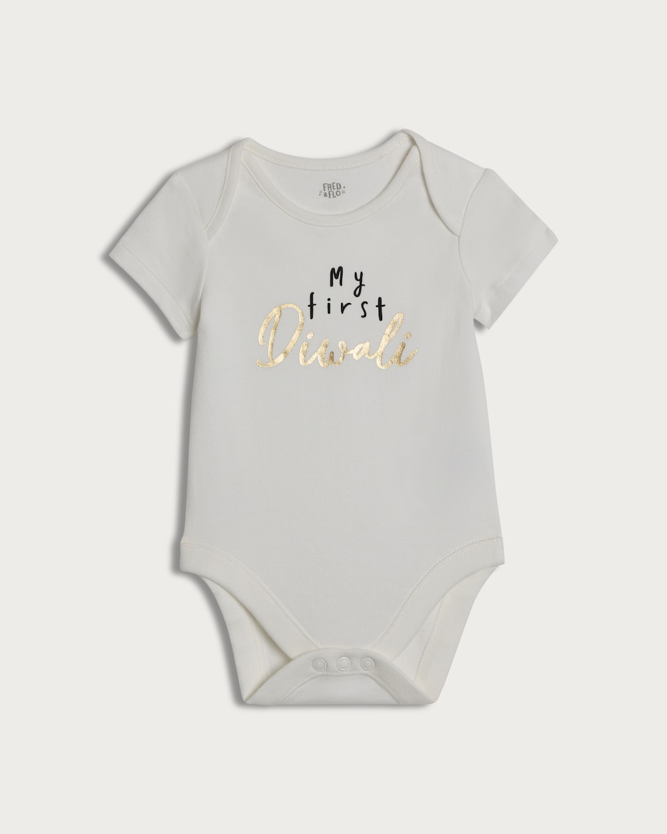 image 1 of F&F Baby Pure Cotton My First Diwali Bodysuit in White