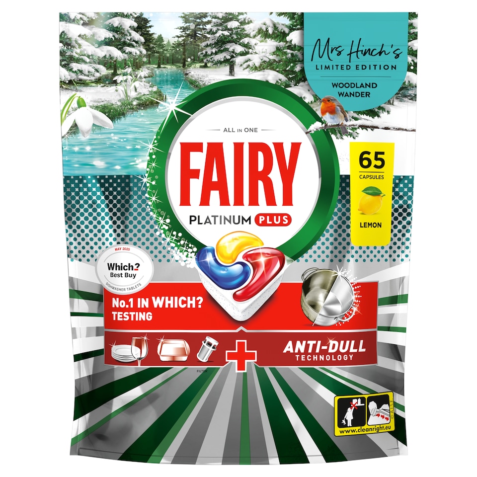 image 1 of Fairy Platinum Plus Lemon Dishwasher 65 capsules Mrs Hinch's Limited Edition Woodland Wander 1008g