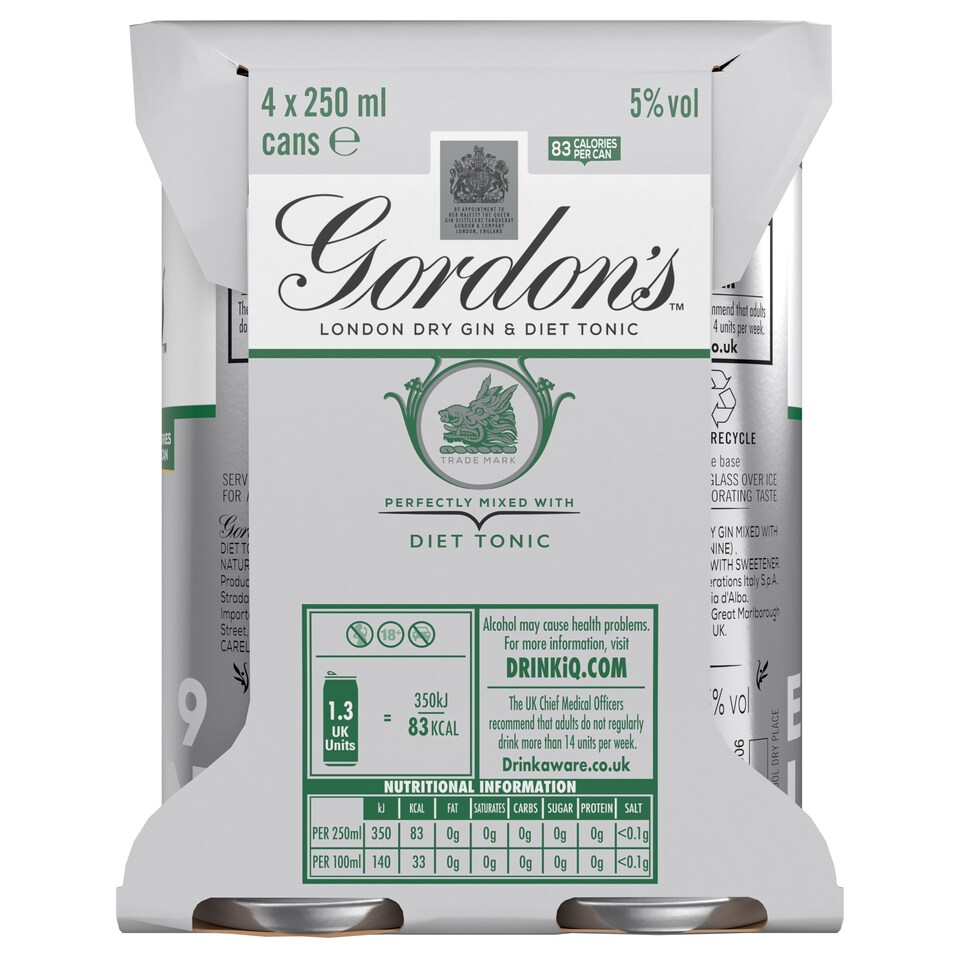 image 1 of Gordon's Gin & Slimline Tonic Can 5% Vol 4x250ml