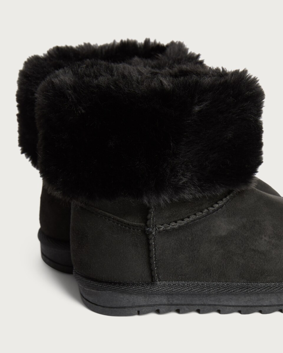 image 1 of F&F Girls Faux Fur Trim Boot Slippers in Black