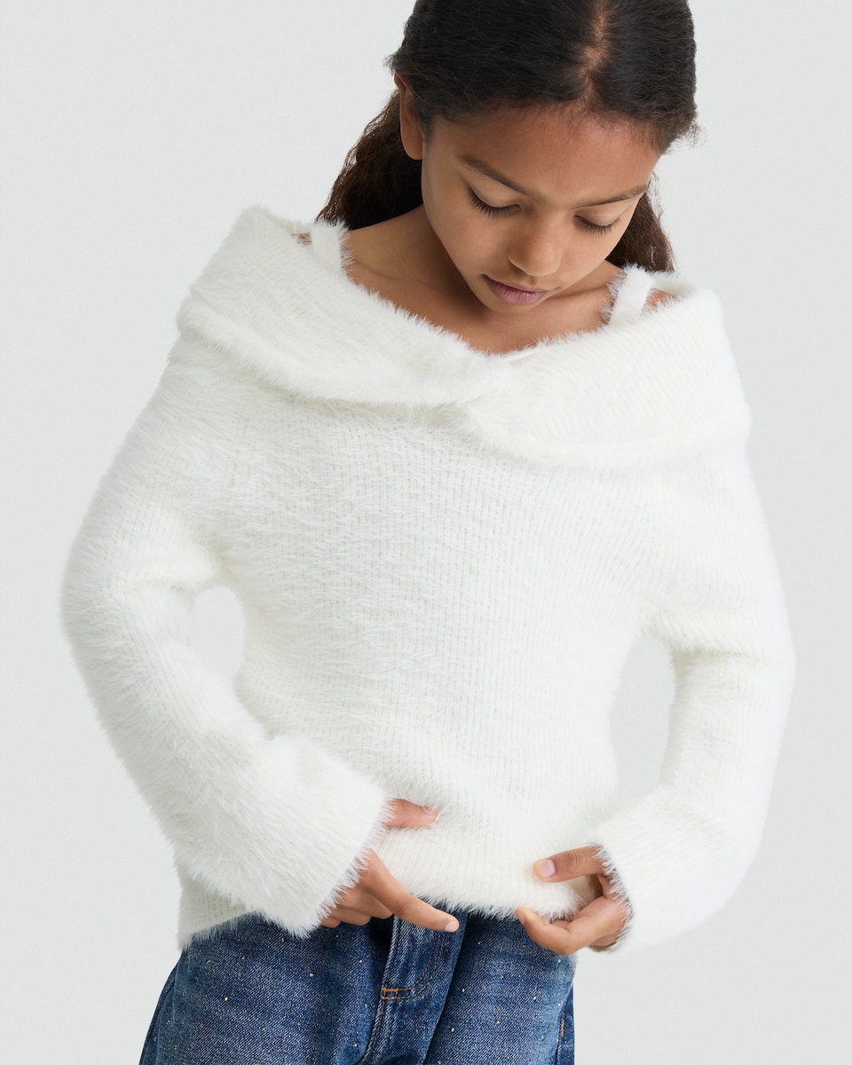 image 1 of F&F Girls Off-Shoulder Fluffy Jumper in Cream