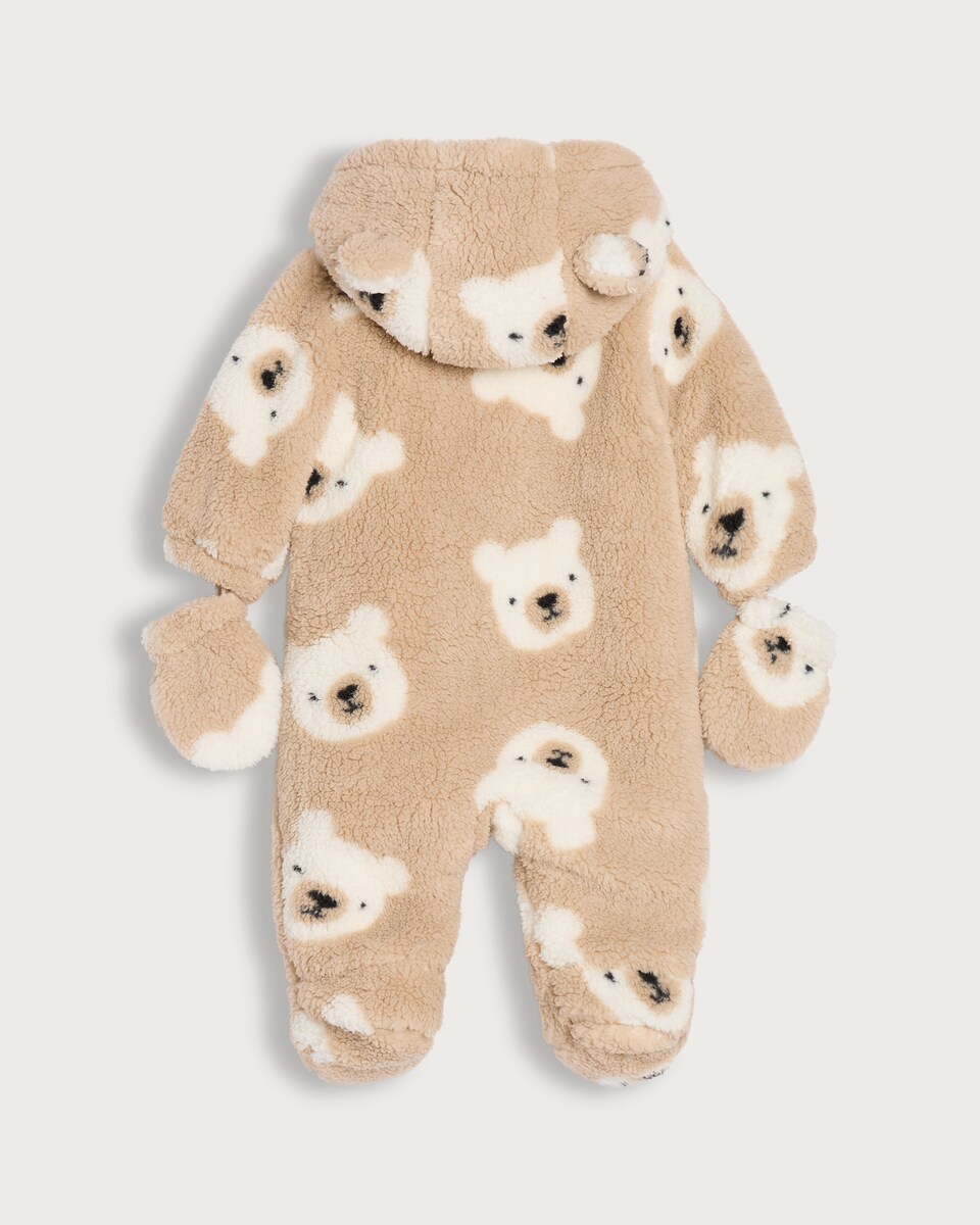 image 1 of F&F Baby Teddy Bear Print Pramsuit in Brown