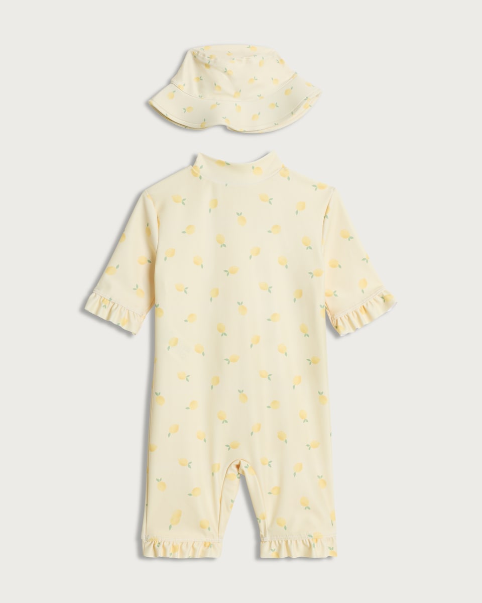 image 1 of F&F Baby 2-Piece Lemon Print Sunsafe Swimsuit and Hat Set in Yellow