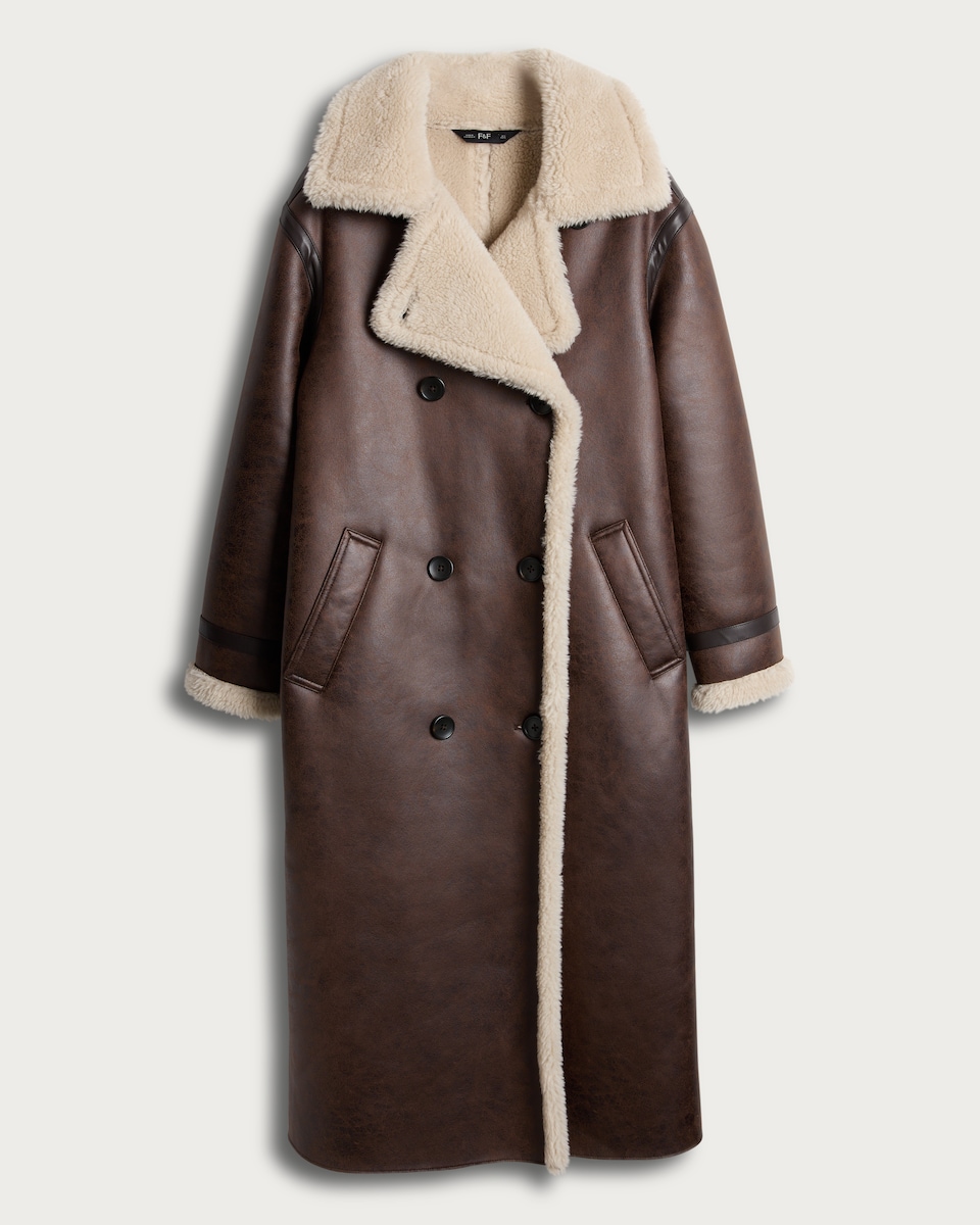 image 1 of The F&F Edit Double-Breasted Shearling Coat in Brown