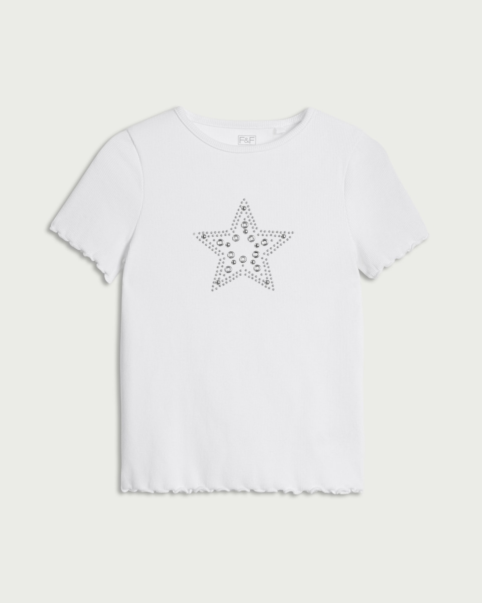 image 1 of F&F Girls Cotton Rich Star Embellished T-Shirt in White