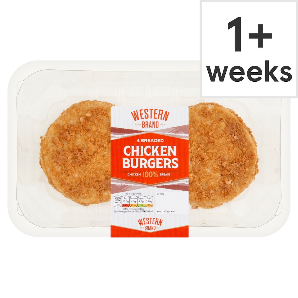 Western Brand 4 Breaded Chicken Burgers 454g
