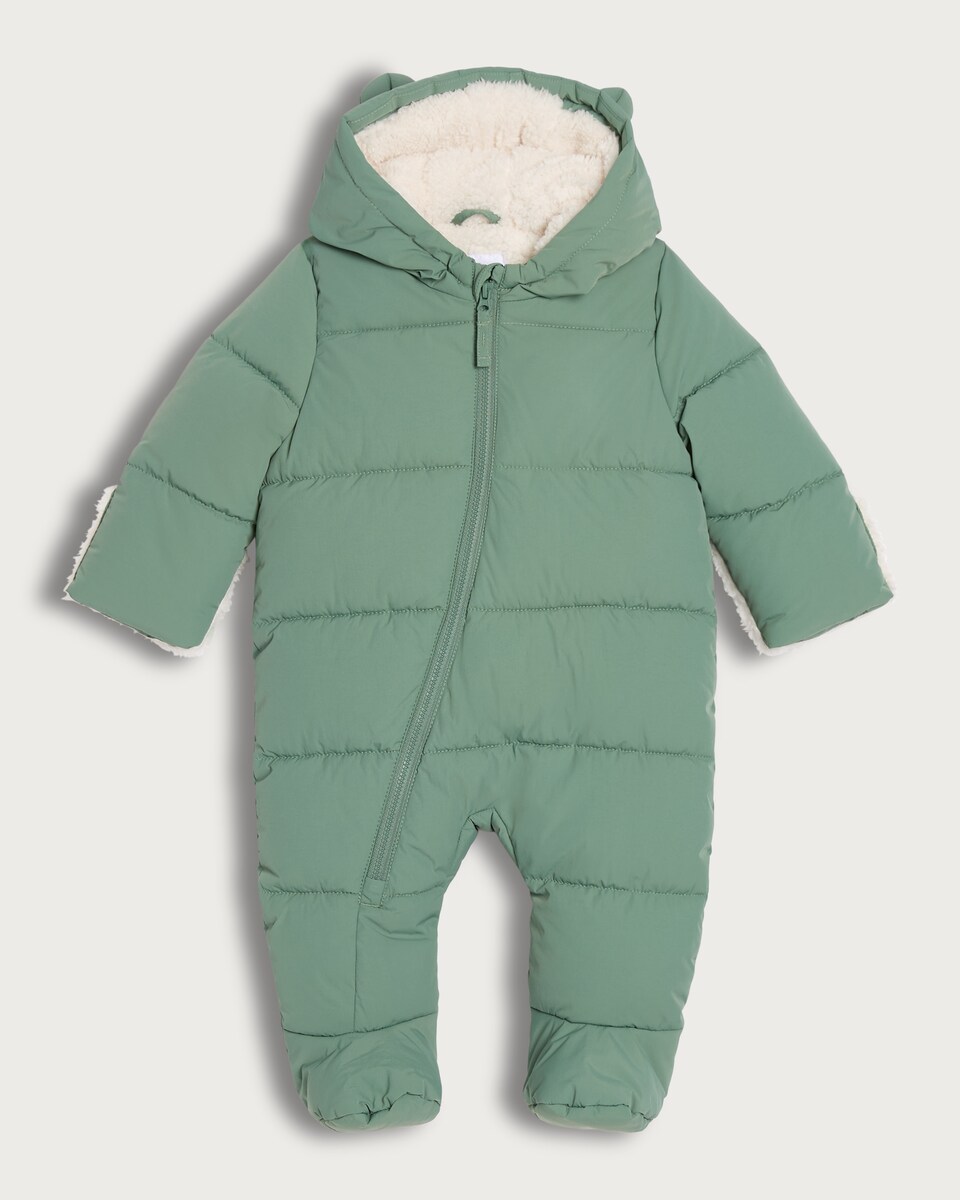 image 1 of F&F Baby Fleece Lined Shower Resistant Pramsuit in Green