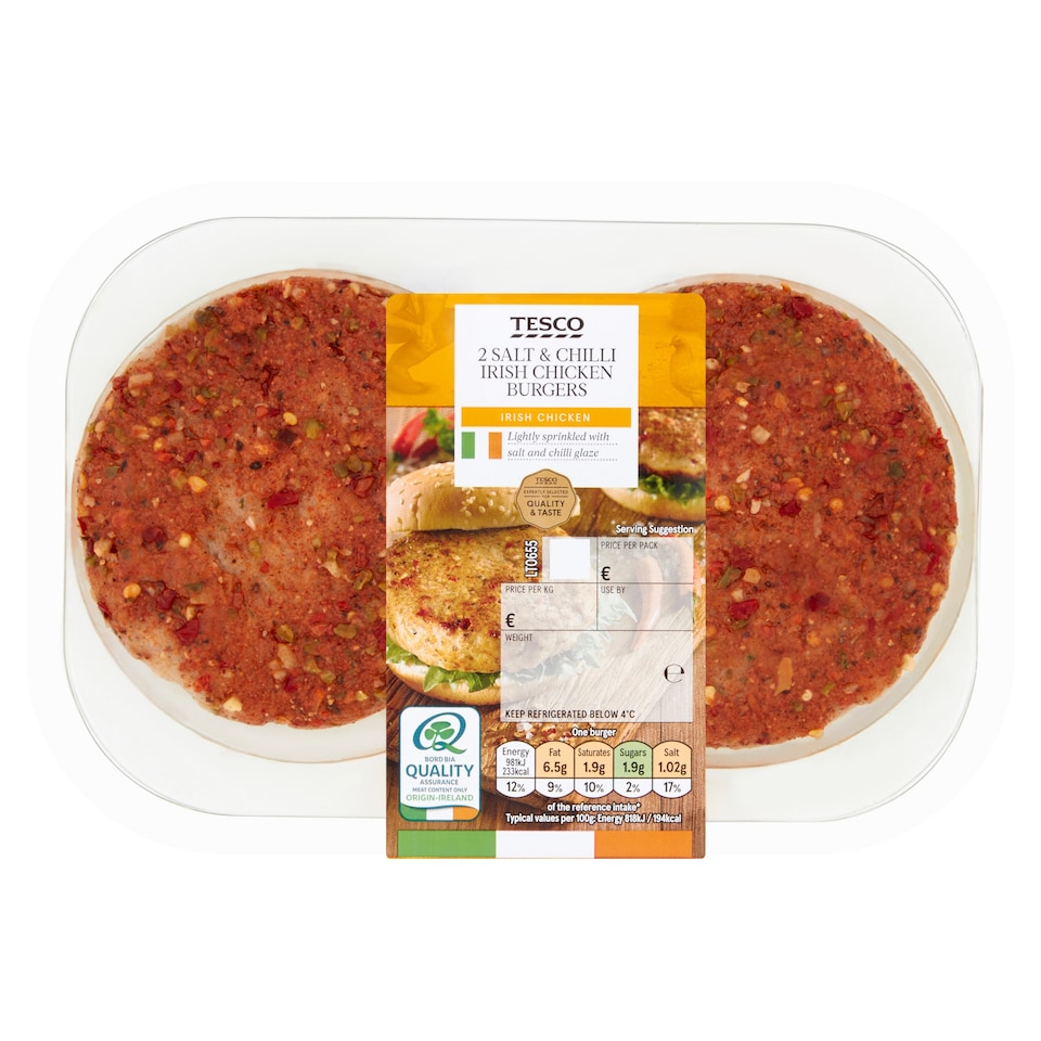 Tesco 2 Salt And Chilli Irish Chicken Burgers 360G