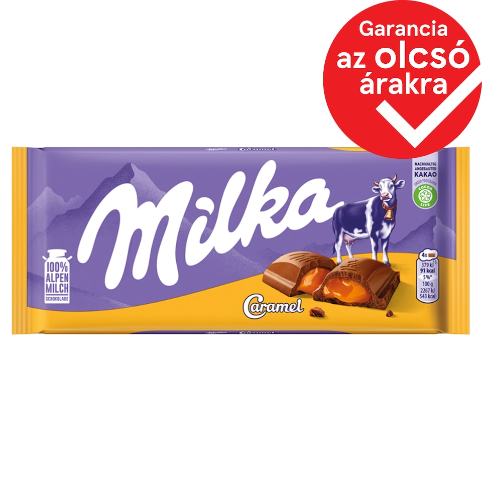 Milka alpesi tej felhasználásával készült tejcsokoládé karamellás töltelékkel 100 g