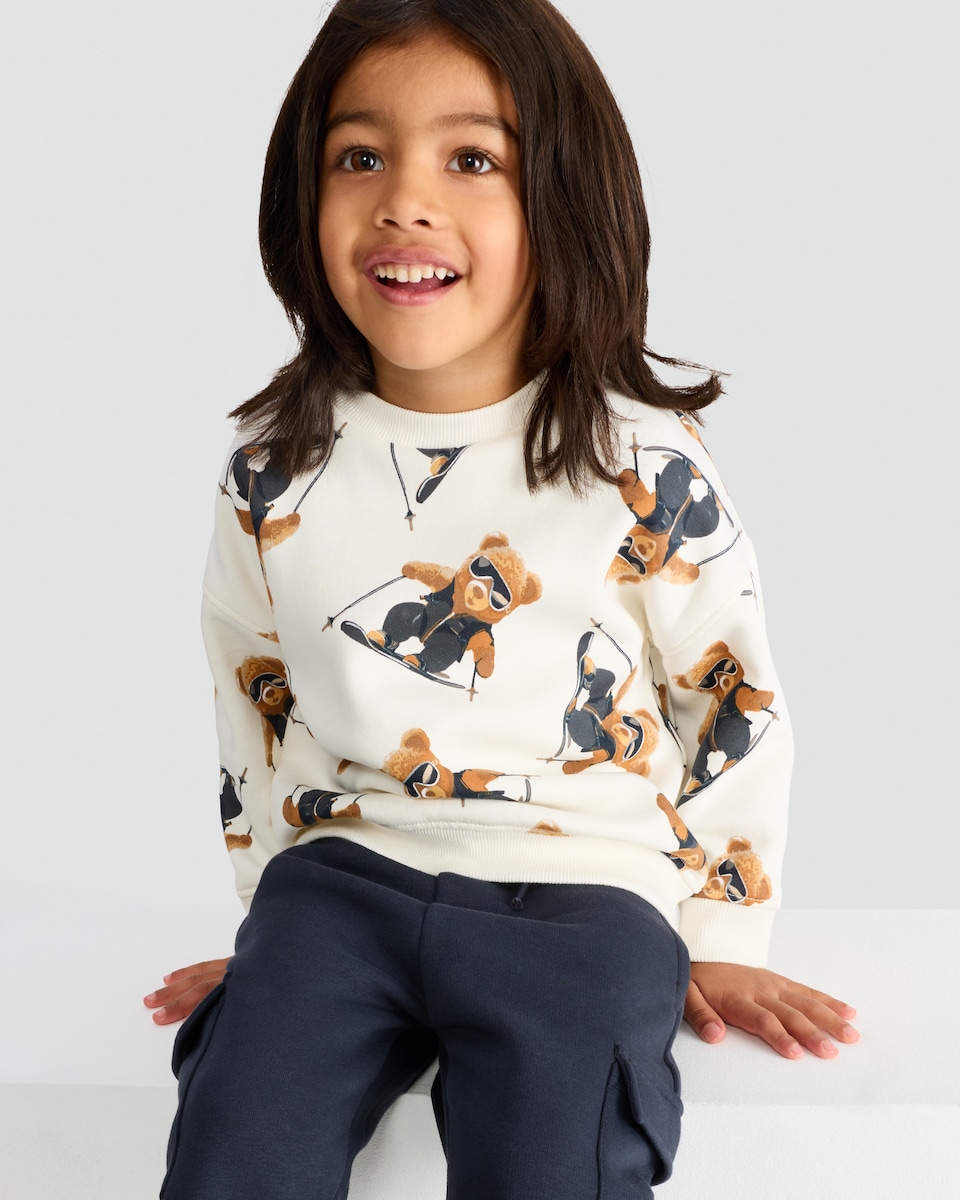 image 1 of F&F Boys 2-Piece Cotton Rich SKiing Bear Sweatshirt and Joggers Set in Cream