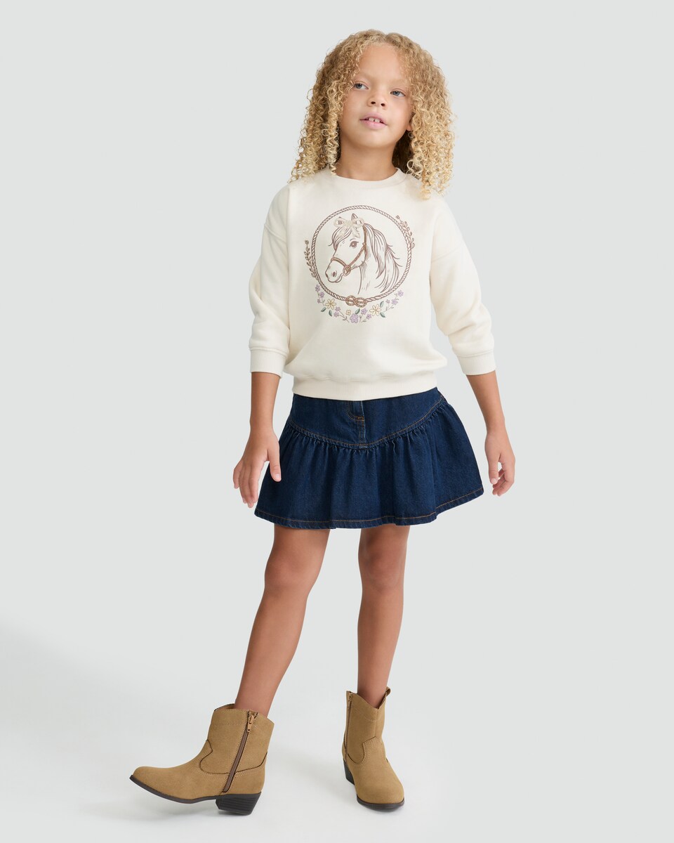 image 1 of F&F Girls Cotton Rich Horse Print Sweatshirt in Cream