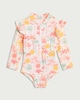 image 1 of F&F Girls Tropical Print Long Sleeved Swimsuit in Pink