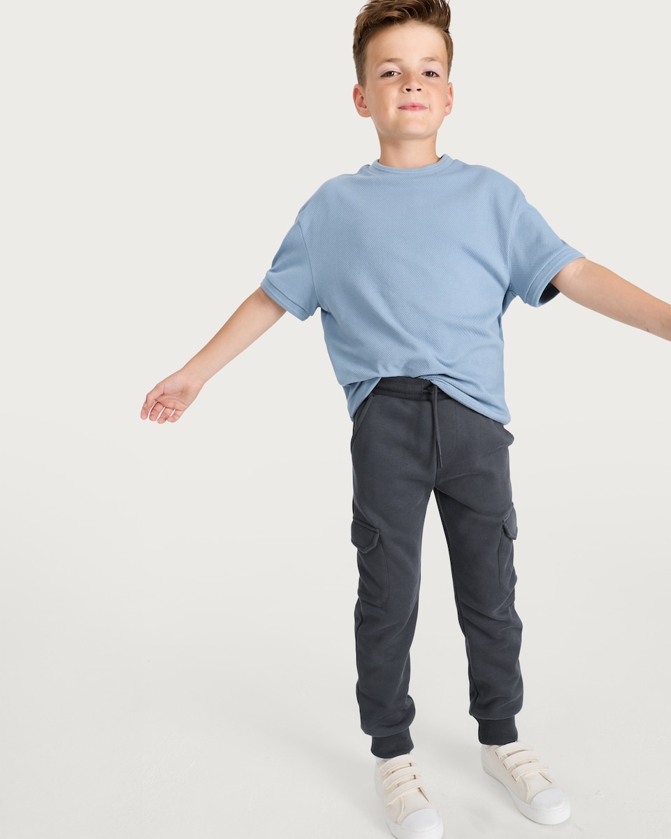 image 1 of F&F Boys Cotton Rich Cuffed Drawstring Cargo Joggers in Graphite