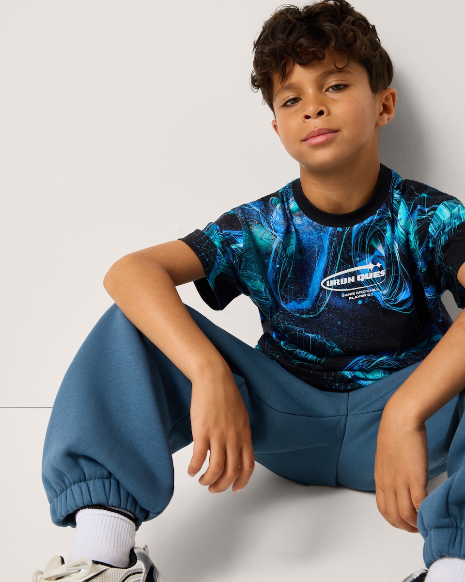 image 1 of F&F Boys Pure Cotton Printed T-Shirt in Blue