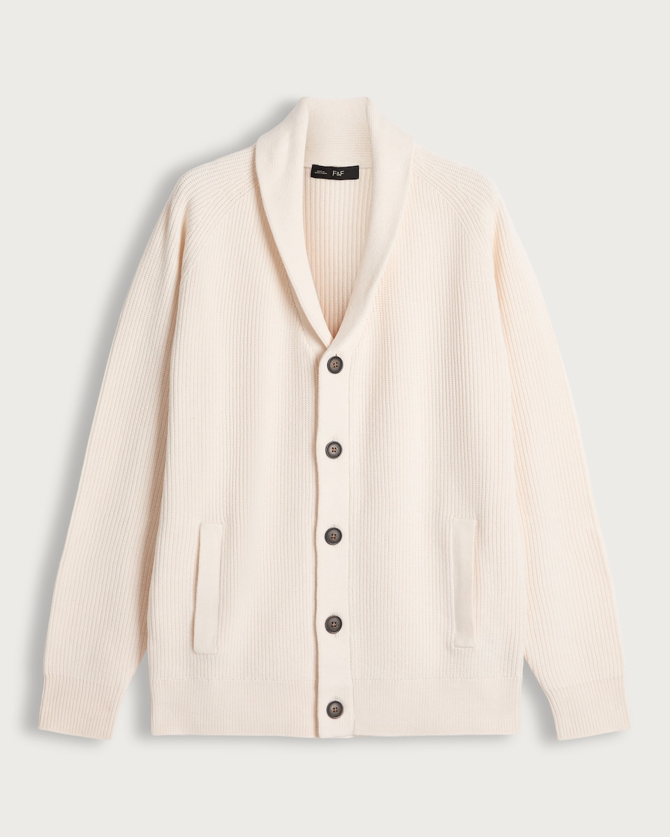 image 1 of F&F Knitted Shawl Collar Button Up Cardigan with Cotton in Stone
