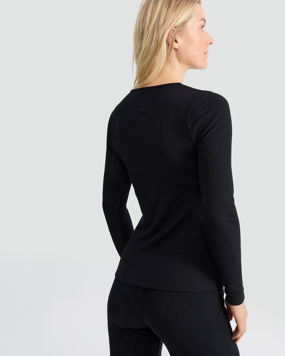 image 1 of F&F Medium Warmth Thermal Lace Trim Long Sleeved Top in Black