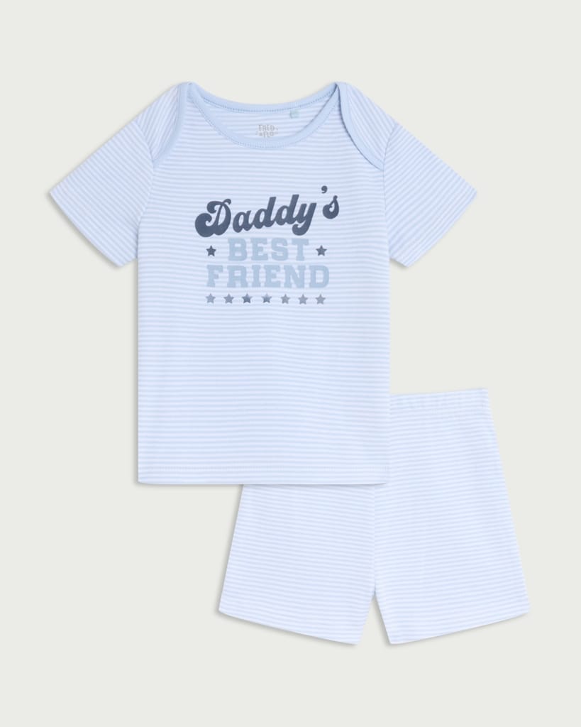 F&F Baby Pure Cotton Striped Daddy's Best Friend Pyjama Set in Blue