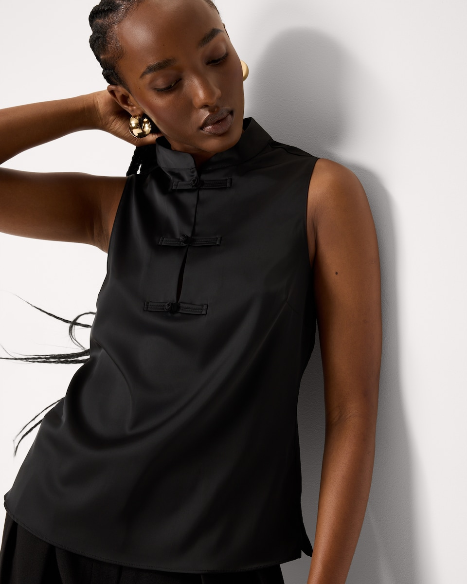 image 1 of F&F Satin Stand Collar Blouse in Black