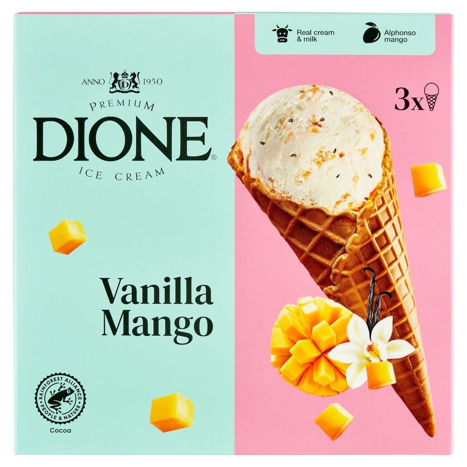 Dione Vanilla Mango zmrzlina s chia semienkami vo vaflovom kornútku 3 ks 390 ml