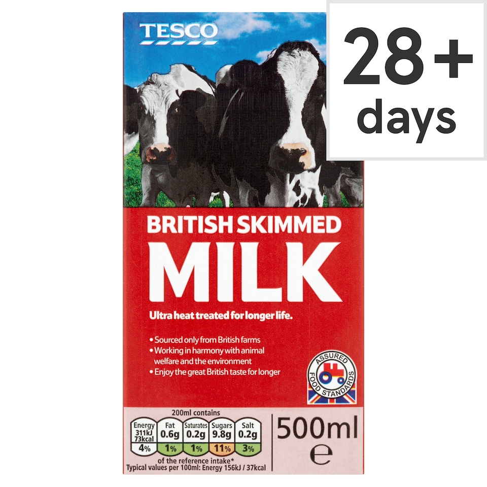 TESCO BRITISH SKIMMED LONG LIFE MILK 500ML