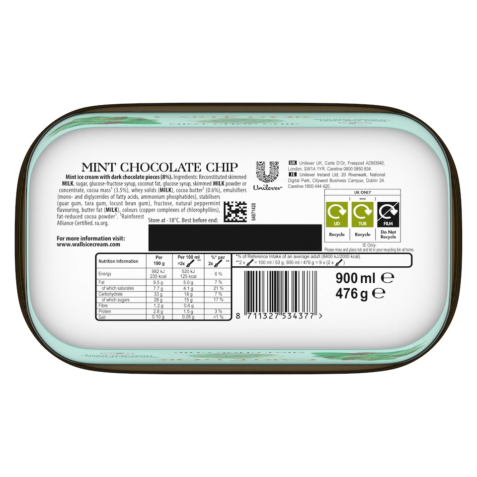 image 1 of Carte D'or Mint Chocolate Chip Ice Cream Tub 900ml