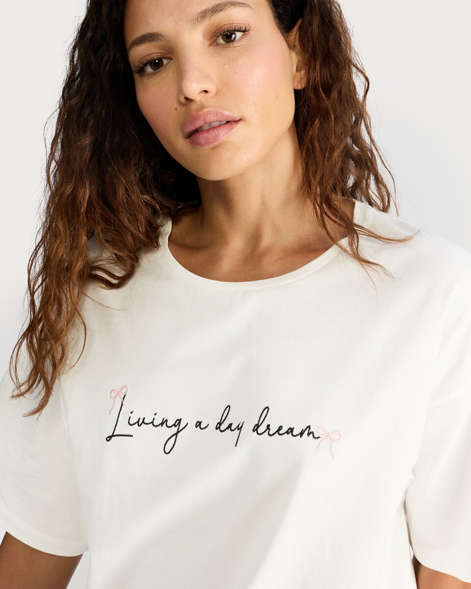 image 1 of F&F Pure Cotton Living a Day Dream Pyjama T-Shirt in White