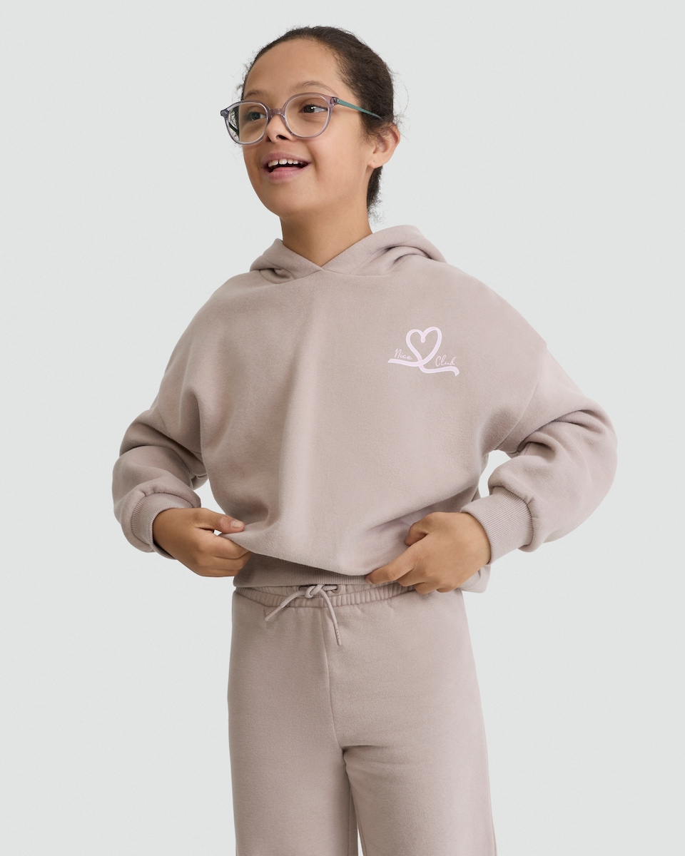 image 1 of F&F Girls 2-Piece Cotton Rich Have a Nice Day Hoodie and Joggers in Natural