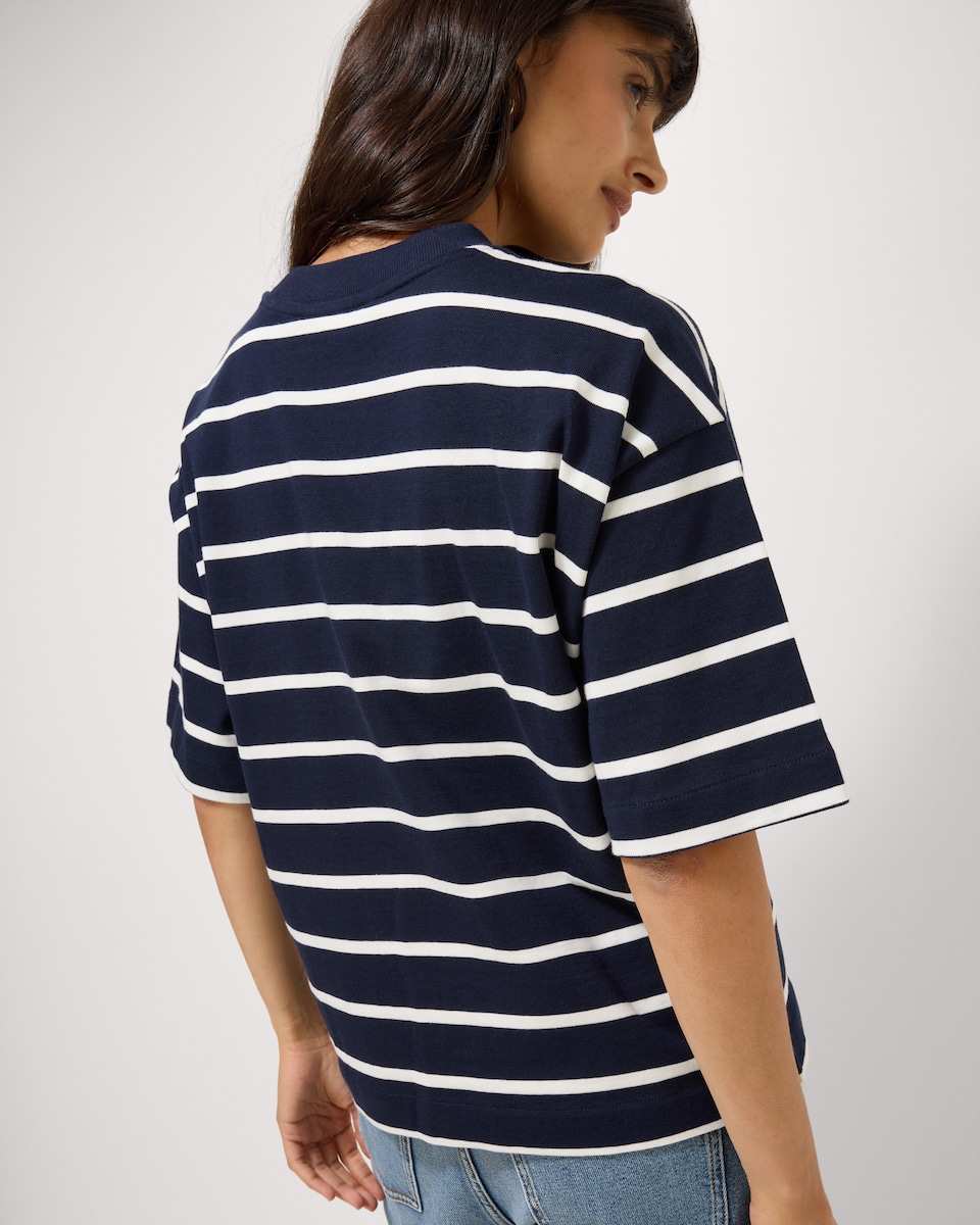 image 1 of F&F Pure Cotton Striped Boxy T-Shirt in Navy