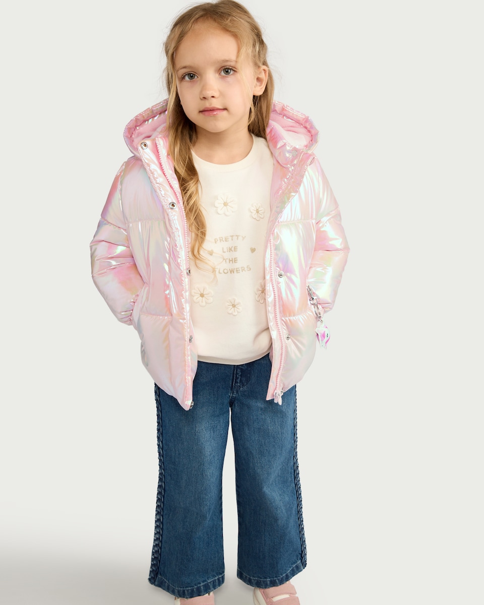 image 1 of F&F Girls Metallic Hooded Puffer Coat in Multi