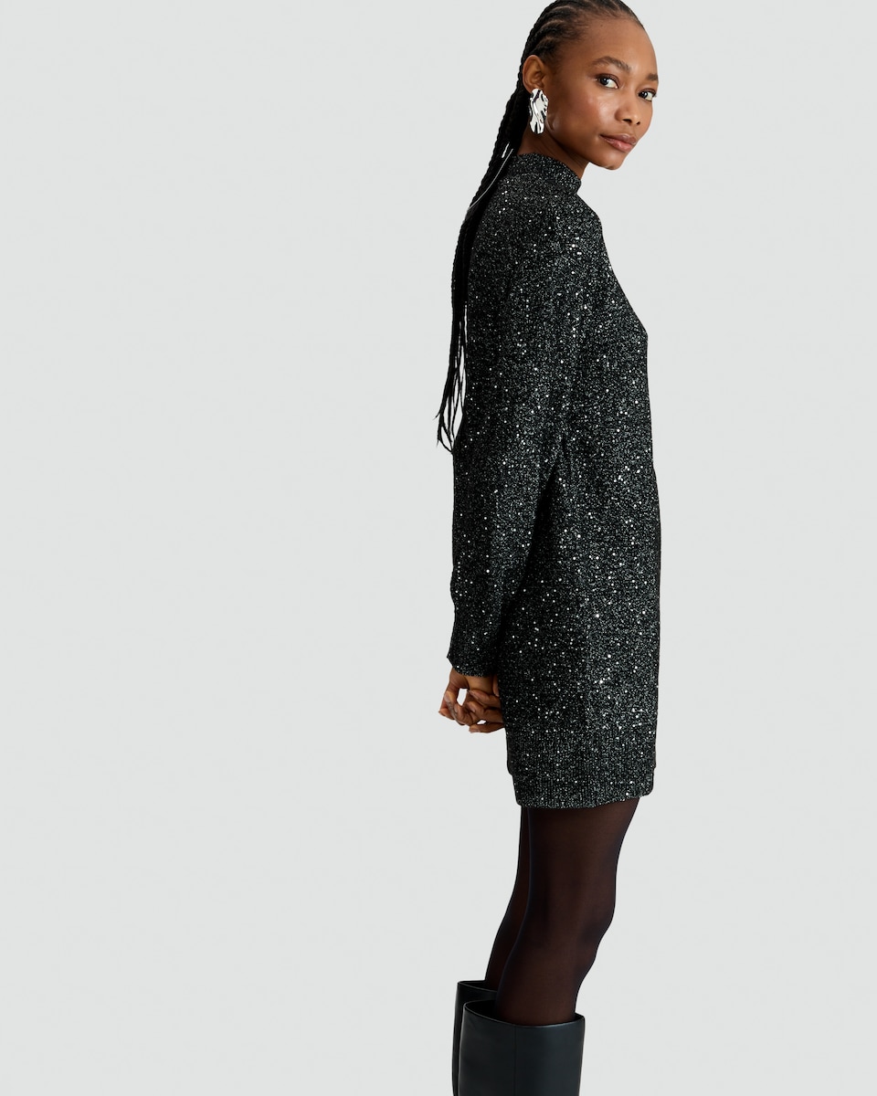 image 1 of F&F Sequin Embellished Knit High Neck Dress in Black