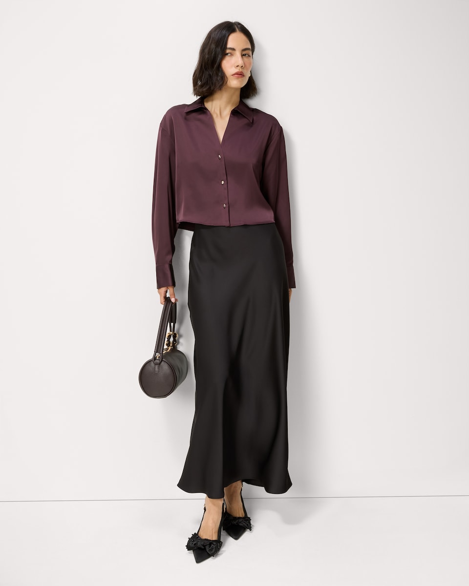 image 1 of F&F Satin Cropped Shirt in Burgundy